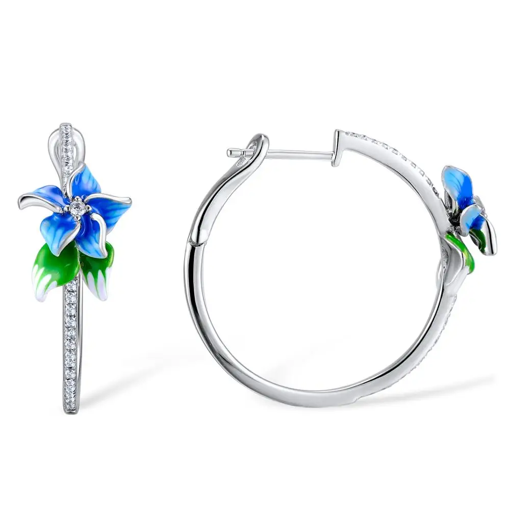 Brincos de Prata para Mulheres Brincos de Aro de Prata Joias com Esmalte 925 de Flor Santuza Esterlina Azul Prata Zircônia Cúbica 4 Cheap Brincos de argola