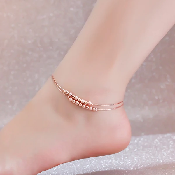 Top Quality 18KGP Rose Gold Plated Titanium Steel 2 layer Beads Anklet Fashion Brand Jewelry for