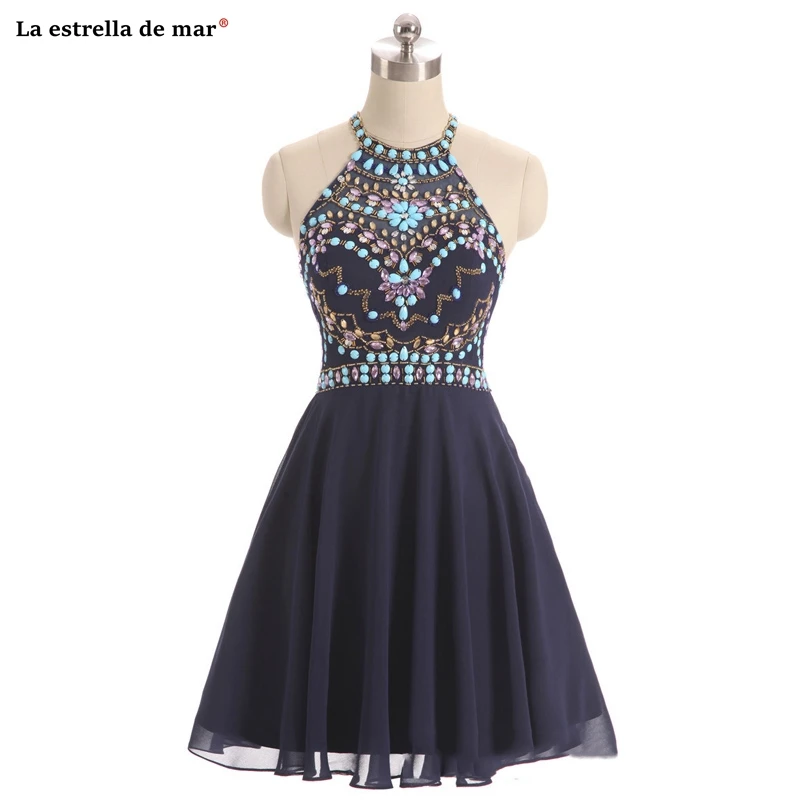 

Robe cocktail new chiffon beaded Halter backless A line or bohemian style cocktail dresses knee length sukienka koktajlowa