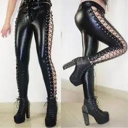 Для женщин пикантные Искусственная кожа узкие брюки со шнуровкой сбоку эластичные Mid Брюки женские панк-рок Назад Леггинсы бинты для