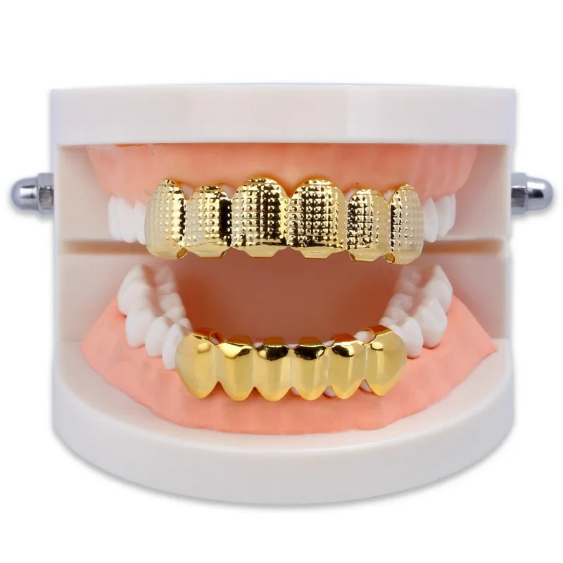

Denture Care Gold Silver Plated Teeth Lattice Shape Teeth Golden Plating Texture Bump Top & Bottom Grill Set