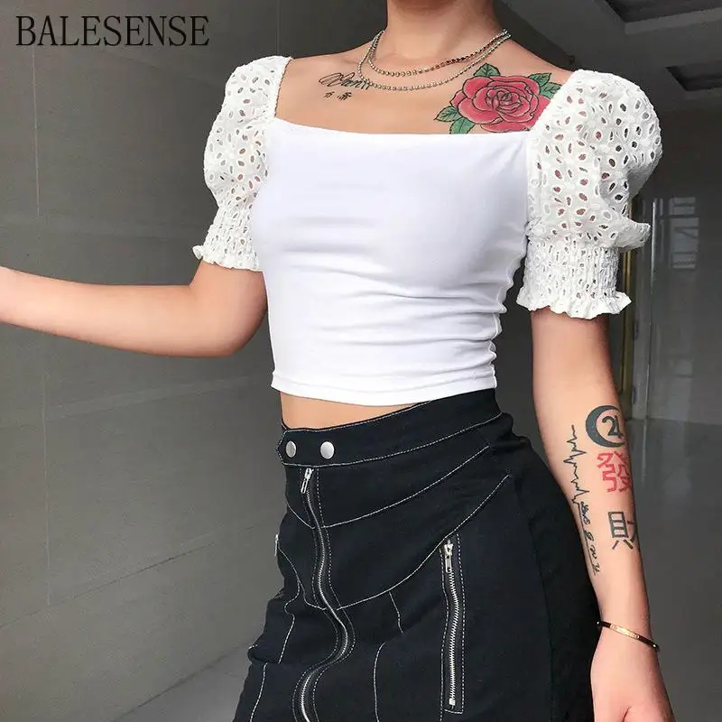 Summer Tops for Women 2019 Cotton White Crop Top Vintage Puff Sleeve Hollow Out Square Collar Tshirt Sexy Emboridery Shirt | Женская