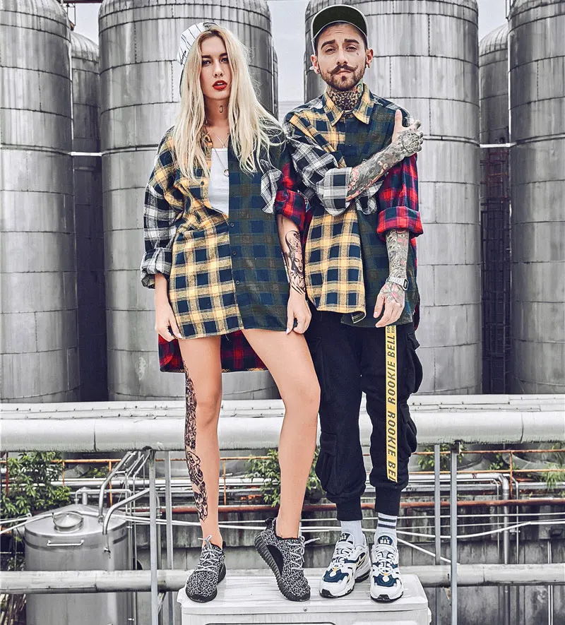 Color Block Patchwork Plaid Long Sleeve Shirts 1