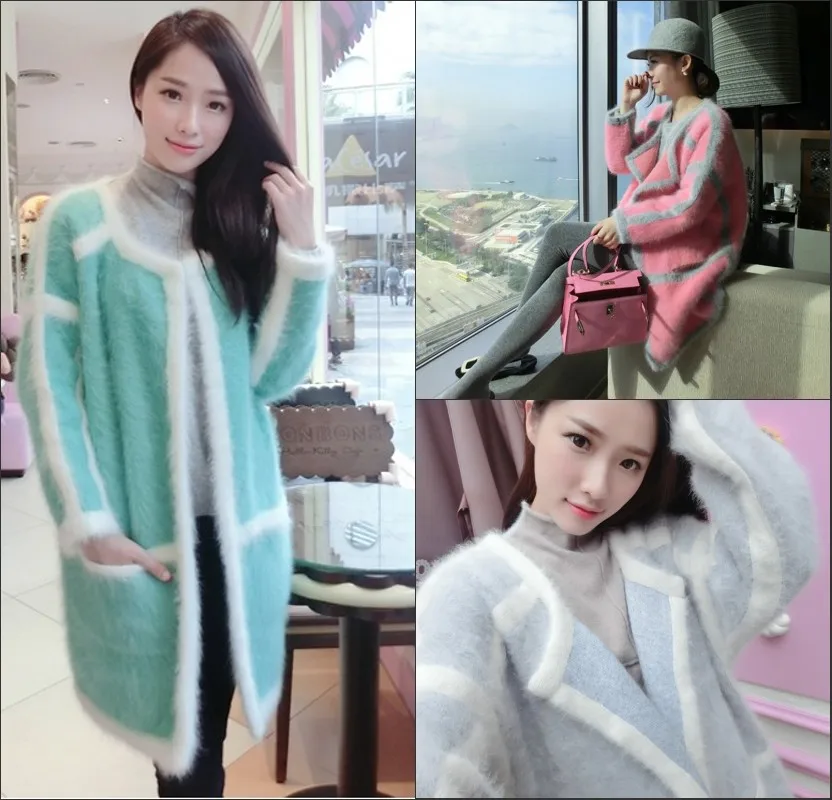 

Medium-long macrotrichia color block mink sweater cardigan mink outerwear thickening open front sweater no button