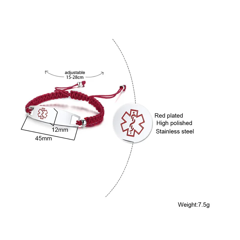 Персонализированные детские браслеты, регулируемые веревки, цепи, красные медицинские оповещения, индивидуальные ID браслеты, аллергия, эпилепсия, ювелирные изделия для детей и женщин
