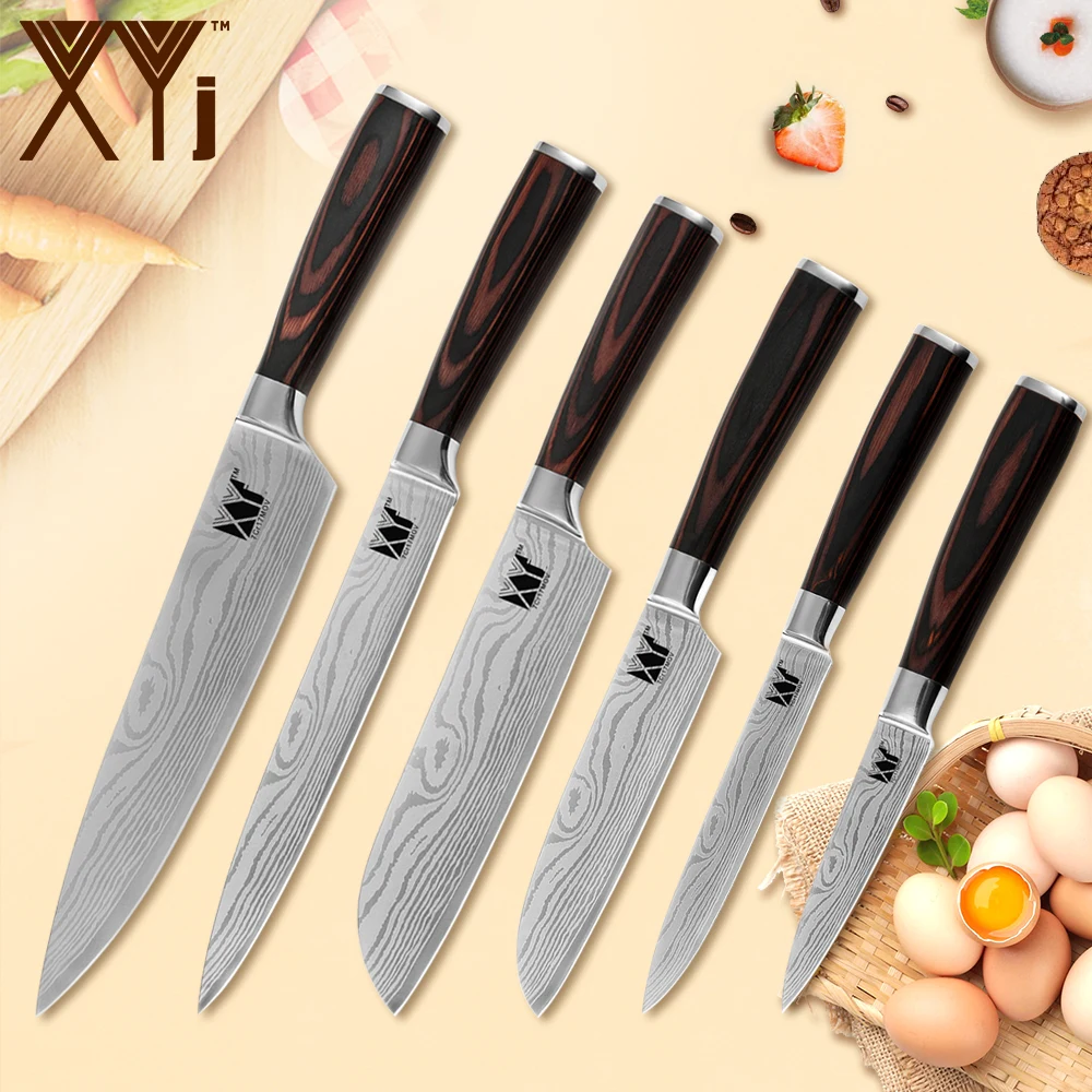 XYj 6 Piece Stainless Steel Kitchen Set Damascus Pattern High Carbon Sharp Blade Non-slip Color Wood Handle Cooking Knives | Дом и сад