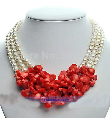 

W&O658 >>17" 3 Strands White Freshwater Pearl & Coral Necklace | AAA SERVICE