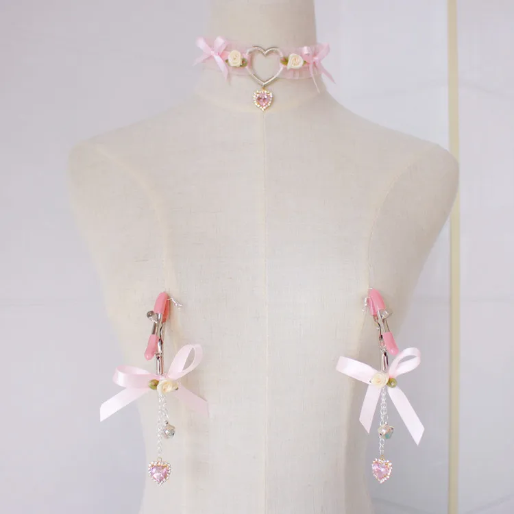 

Handmade Lolita Princess Theme Pink Ribbon Rose Bow Heart Pendant Nipple Clamp Breast Clip & Choker Necklace Exotic Apparel