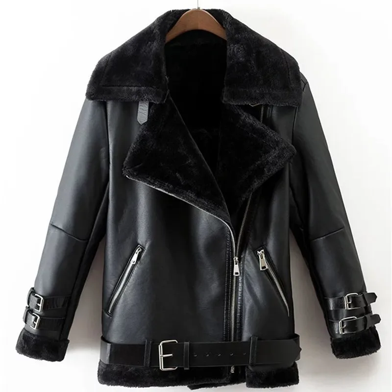 Повседневное женское зимнее толстое PU пальто Черная искусственная кожа на молнии Женская куртка - Цвет: Черный