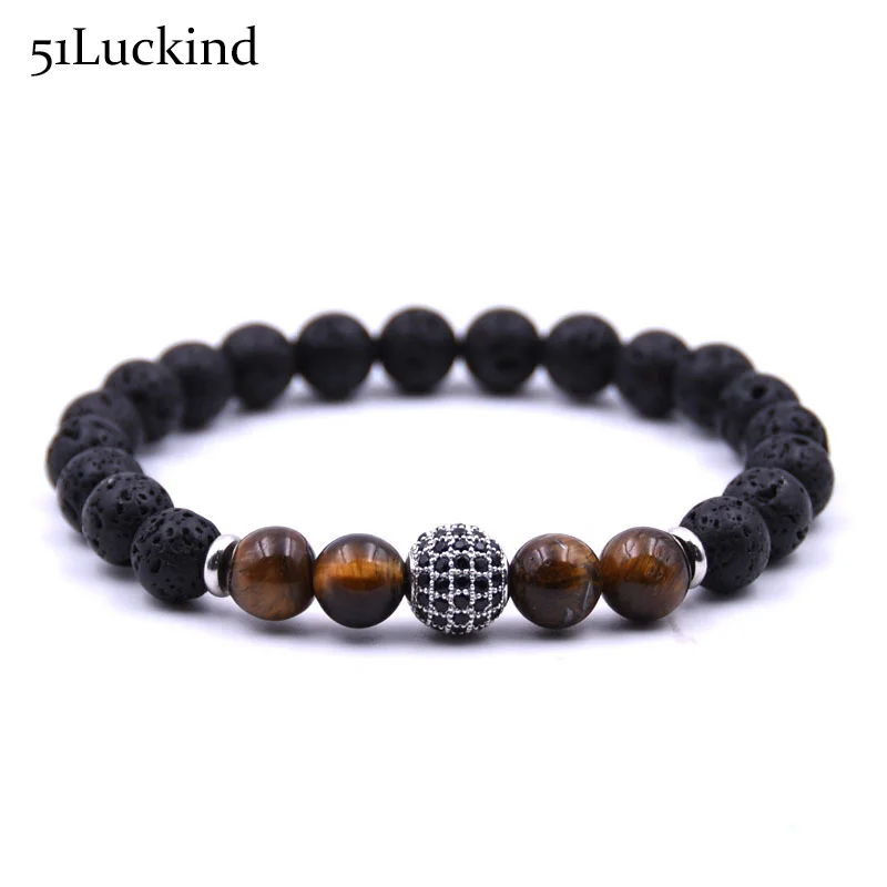 

Fashion Lava Stone Beads Bracelet Tiger Eyes Stone Luxury CZ Ball Zirconia Braclet For Mens Yoga Hand Jewelry Pulsera Homme