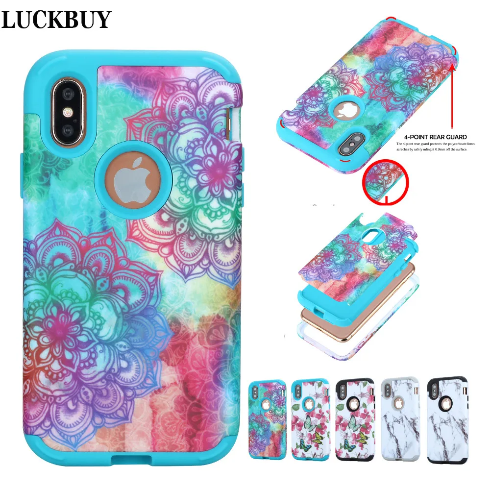 

LUCKBUY for Apple iPhone 8 flower Silicone Armor Case Shockproof Triple Layer Heavy Duty Hybrid Rubber Armor Hard Case card slot