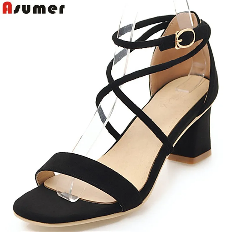 

ASUMER black pink summer ladies shoes woman buckle square heel elegant women high heels sandals flock big size 33-43