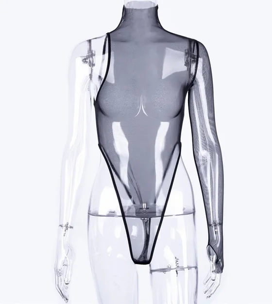 

2019 Women Turtleneck Hi-Cut Leotard Mesh Bodysuit Slinky Swimsuit Jumpsuit Tops