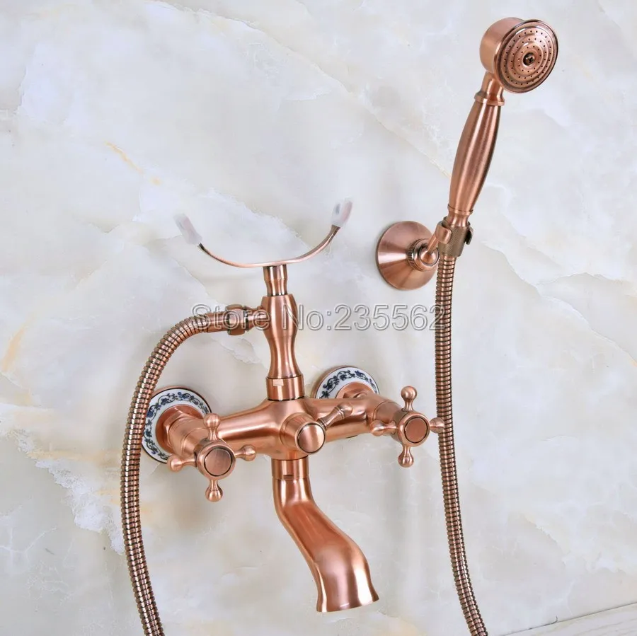 

Wall Mounted Antique Red Copper Brass Clawfoot Bathtub Faucet telephone style Bath Shower Water Mixer tap with Handshower lna361