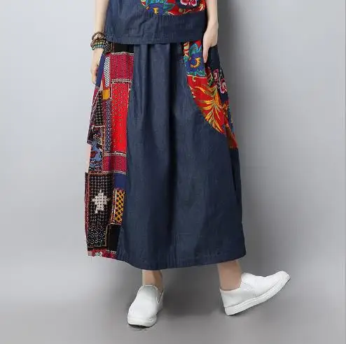 

Vintage Embroidery Printed Cotton Linen Denim Skirt Stretch Waist Women Long Skirt Summer Womens Skirts saia faldas E570