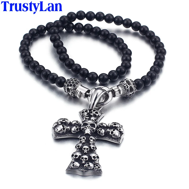 

TrustyLan Fashion Punk Rock Black Skull Pendant Necklace For Men Women Stainless Steel Necklaces & Pendants 50CM Long Jewellery