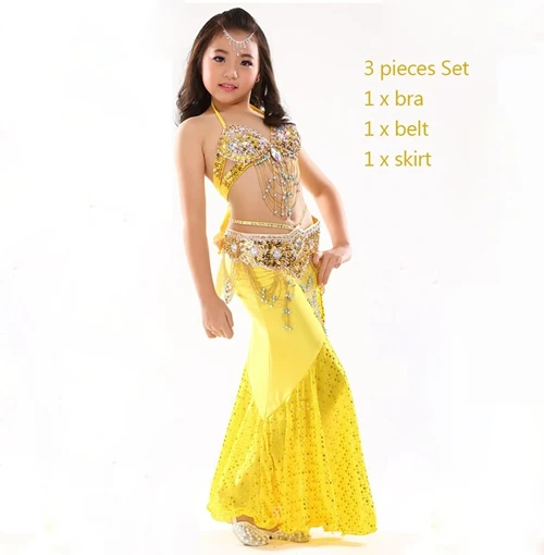 Gold bra belt skirt Высший сорт детская одежда для танца живота 2/3-шт. Восточный костюм бюстгальтер, пояс, юбка девушки набор костюма для танца живота Профессиональный - Цвет: Gold bra belt skirt