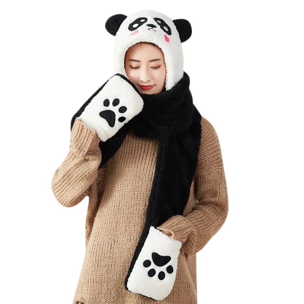 High Quality Ladies Panda Cartoon Warm Fluffy Hood Scarf Hat Snood Pocket Hats Gloves Ears Gloves Women Touch Screen Gift Nove19 - Цвет: BK