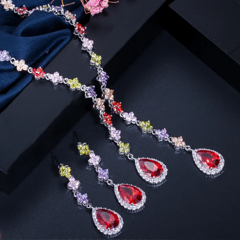 BeaQueen красочные кубического циркония четыре листа цветок длинные капли себе ожерелье серьги CZ Женский костюм комплект ювелирных изделий JS069