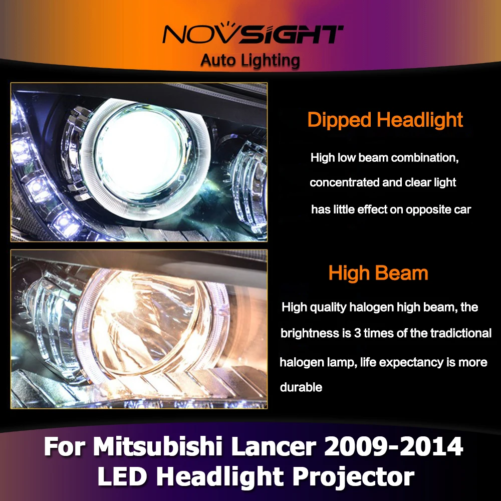 NOVSIGHT 2 шт. Автомобильный светодиодный проектор датчик фар светодиодный налобный фонарь для Mitsubishi Lancer 2009
