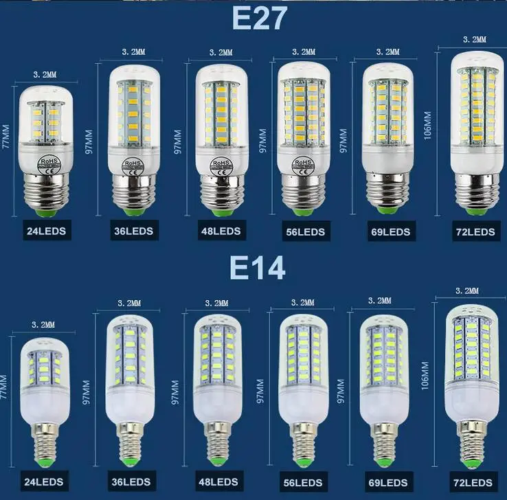 SMD 5730 E27 E14 Светодиодная лампа 5730SMD светодиодные лампы Кукуруза 24 36 48 56 69 72