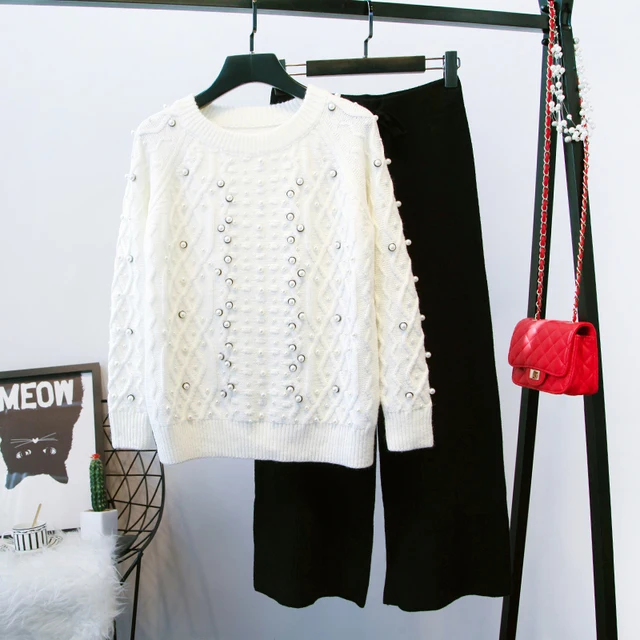 Best Offers 2018 Autumn Winter New Women's Korean Beads Pearl Knitted Sweater + Wide-legged Trousers Fashion Two-piece Suit C958 Best Offers 2018 Autumn Winter New Women's Korean Beads Pearl Knitted Sweater + Wide-legged Trousers Fashion Two-piece Suit C958