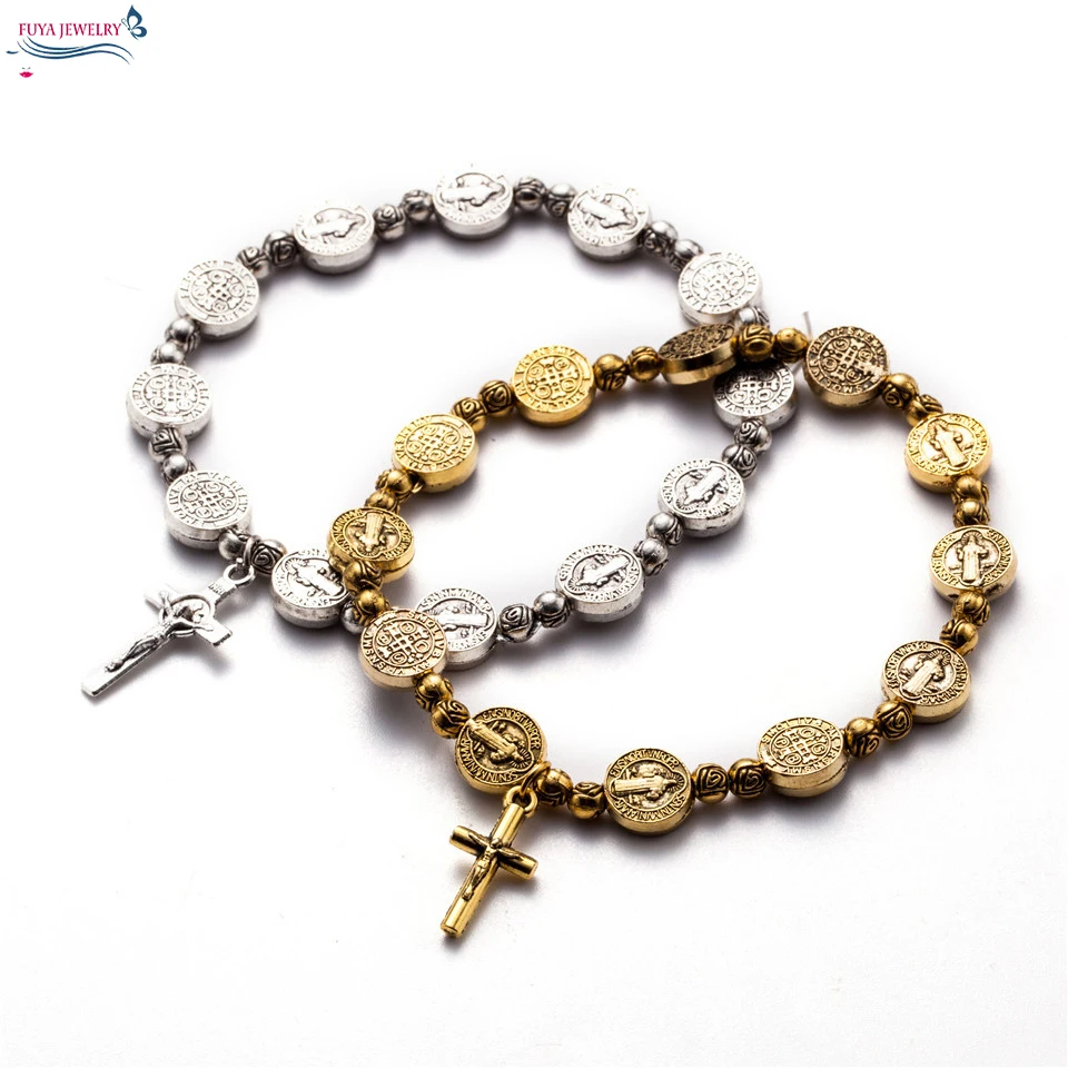 

Jesus cross bracelet Vintage golden&silver jesus jewelry Rosary Centerpiece Sacred Mercy Saint Icons Religious Beaded Bracelets