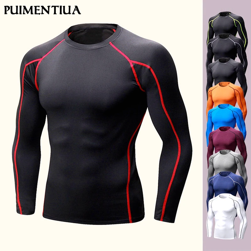 

Puimentiua Spring Autumn Men's Sports Stretch Quick-drying Long-sleeved Compression Tight Fitness Running Muscle T-Shirts