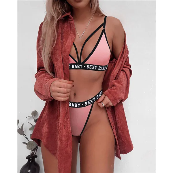 pink 1 комплект, женское летнее модное Спортивное пляжное нижнее белье, сексуальный бандажный корсет с буквенным принтом, бюстгальтер пуш-ап+ трусики-стринги, комплект нижнего белья - Цвет: pink
