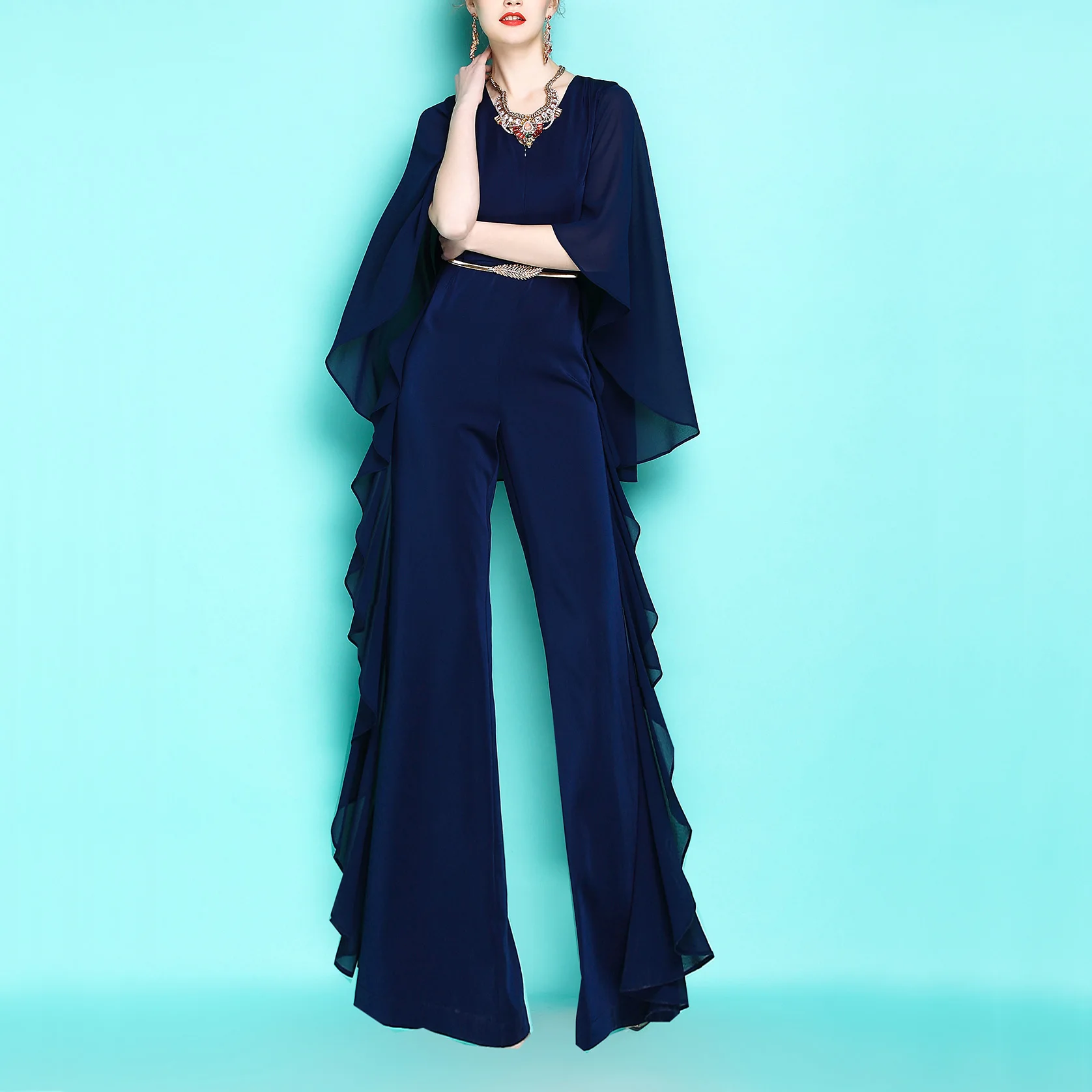 

2019 Fashion New Women spring Navy Blue V-neck Zipper High Waist Jumpsuit Rompers Slim Ruffles Handsome Cloak Sleeve Bodysuits