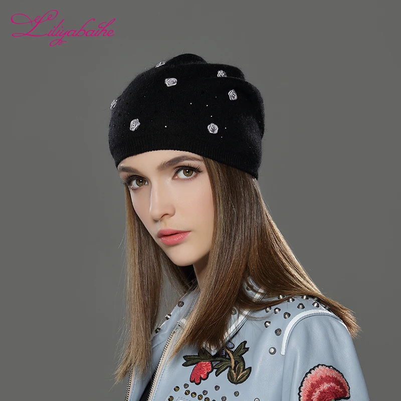 Liliyabaihe новая шапка женская зимняя шапка с ангорой трикотажные шапочку колпачок модные Самые украшения роз шапки для девочек