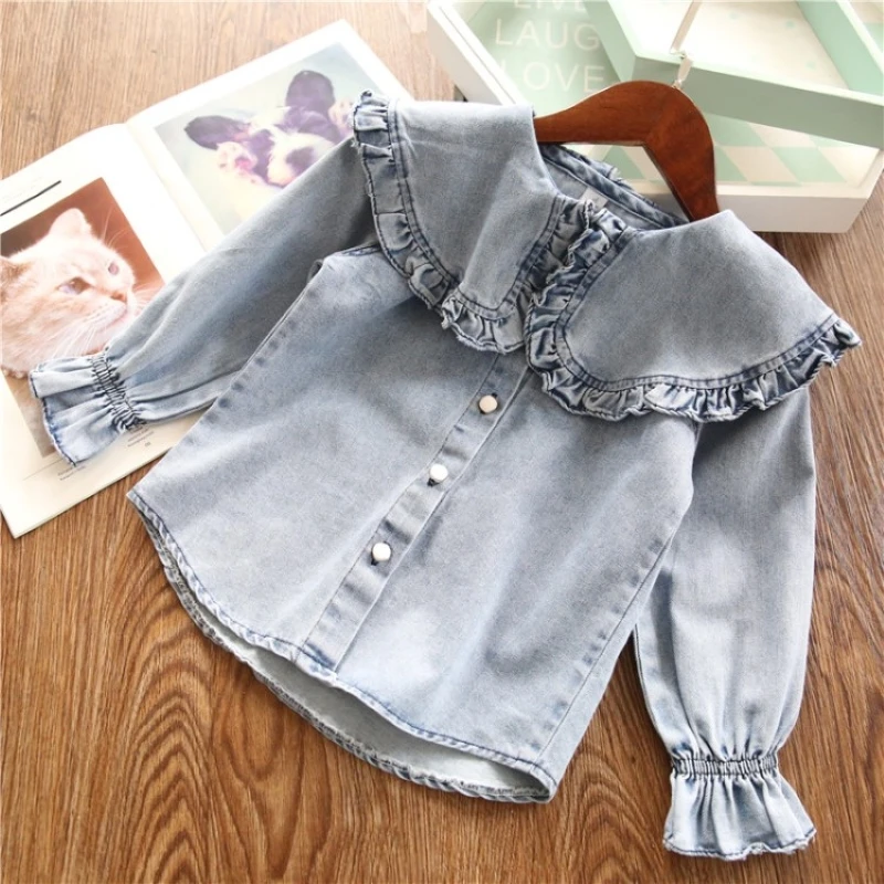 

girls blouse 2-7 years old Korean girl cotton denim sand wash foreign large lapel denim shirt doll shirt spring and autumn
