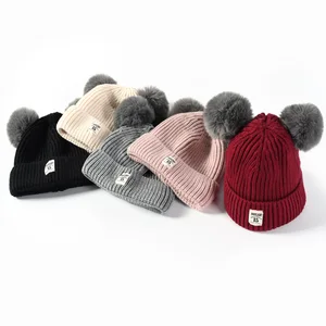 MOONLIGHT Label Double Ball Cotton Caps Children Geometric Patchwork Knitted Winter Hats Fur Pompom Boy Girls Ears Hat Kids Warm