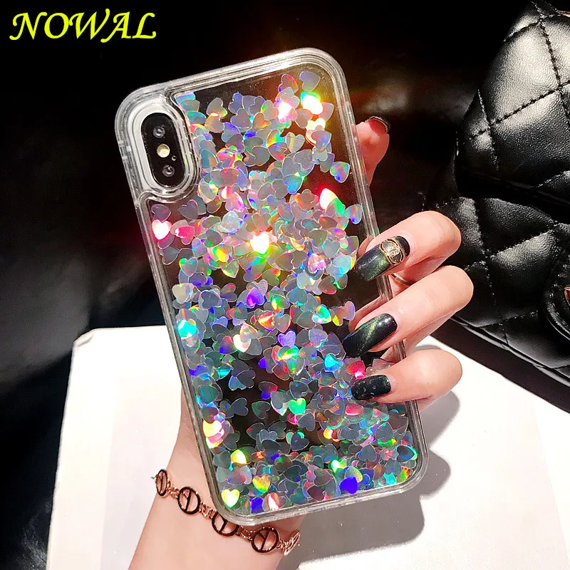 

NOWAL Diamond Frame Glitter Hearts Sequin Case For iPhone X 7 8 Plus 6 Liquid Quicksand Love Hybrid Cover For iPhone X 6 6S Plus