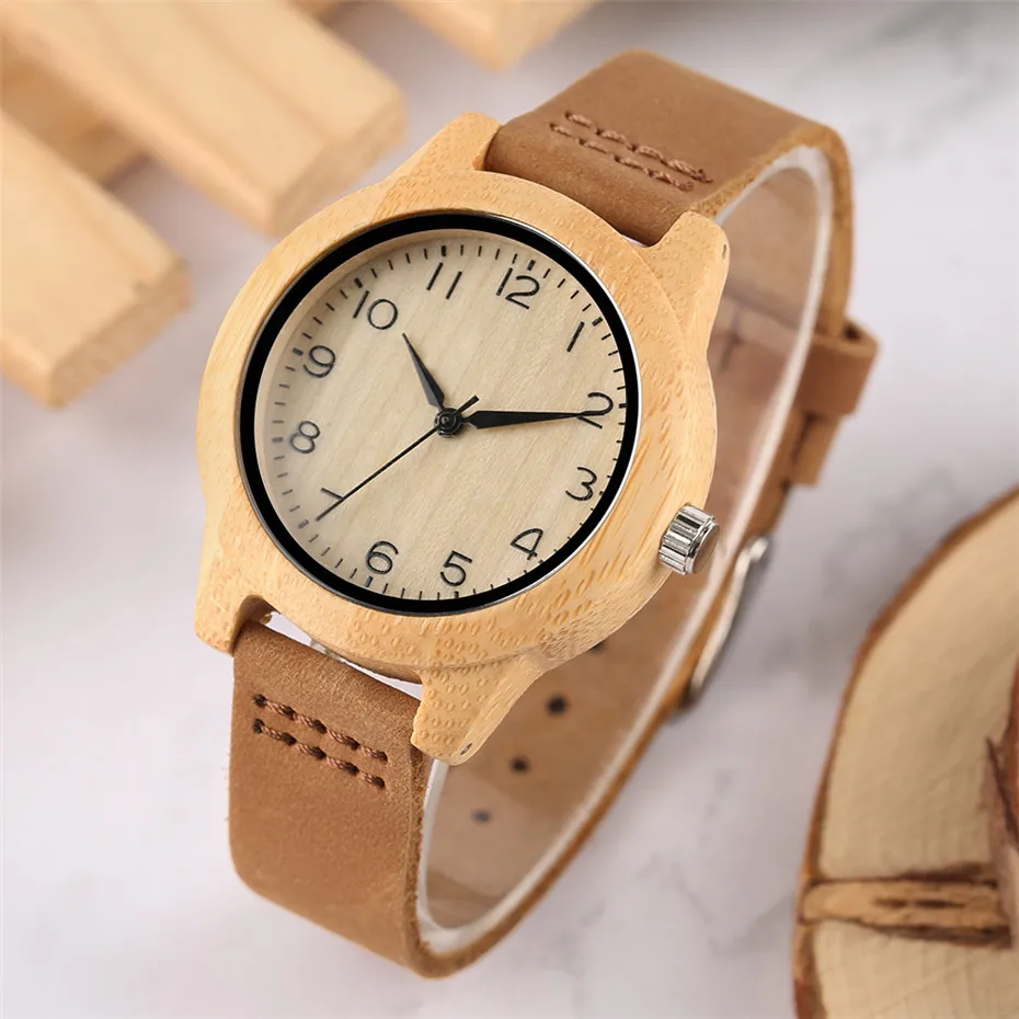 Элегантные женские часы-браслет бамбуковые деревянные женские часы мягкий кожаный ремешок женские наручные часы простые повседневные женские подарки