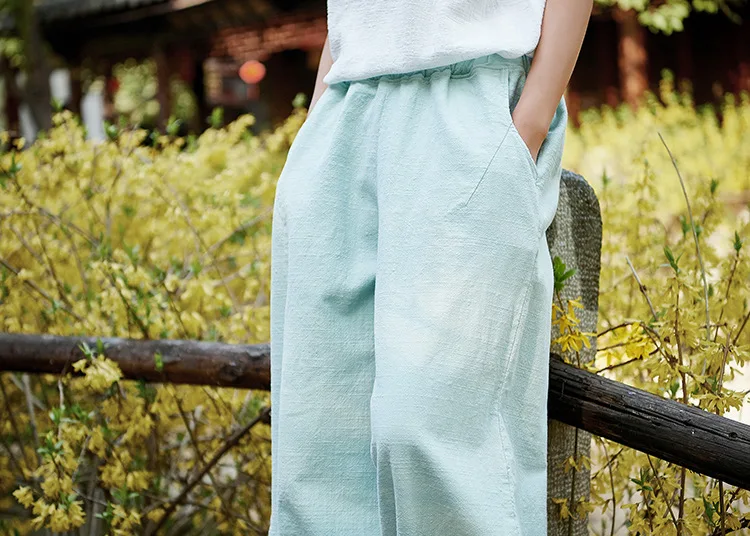 LZJN 2019 New Women Solid Color Pockets Loose Pants Vintage Elastic Waist Cotton Linen Wide Leg Full Length Pants (25)