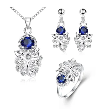 

Adorable jewelry 925 Silver Color White crystal Blue Cubic Zirconia Pendant Earrings ring Party Jewelry Sets for women S2005