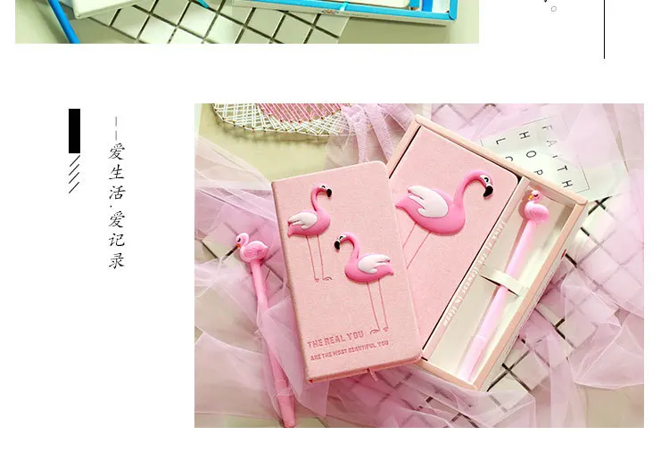 INS Cute Diary Set Wind Pink Unicorn Flamingo Creative Notebook Sub Notepad Pen Set Korea Stationery Kawaii Diary School Girl