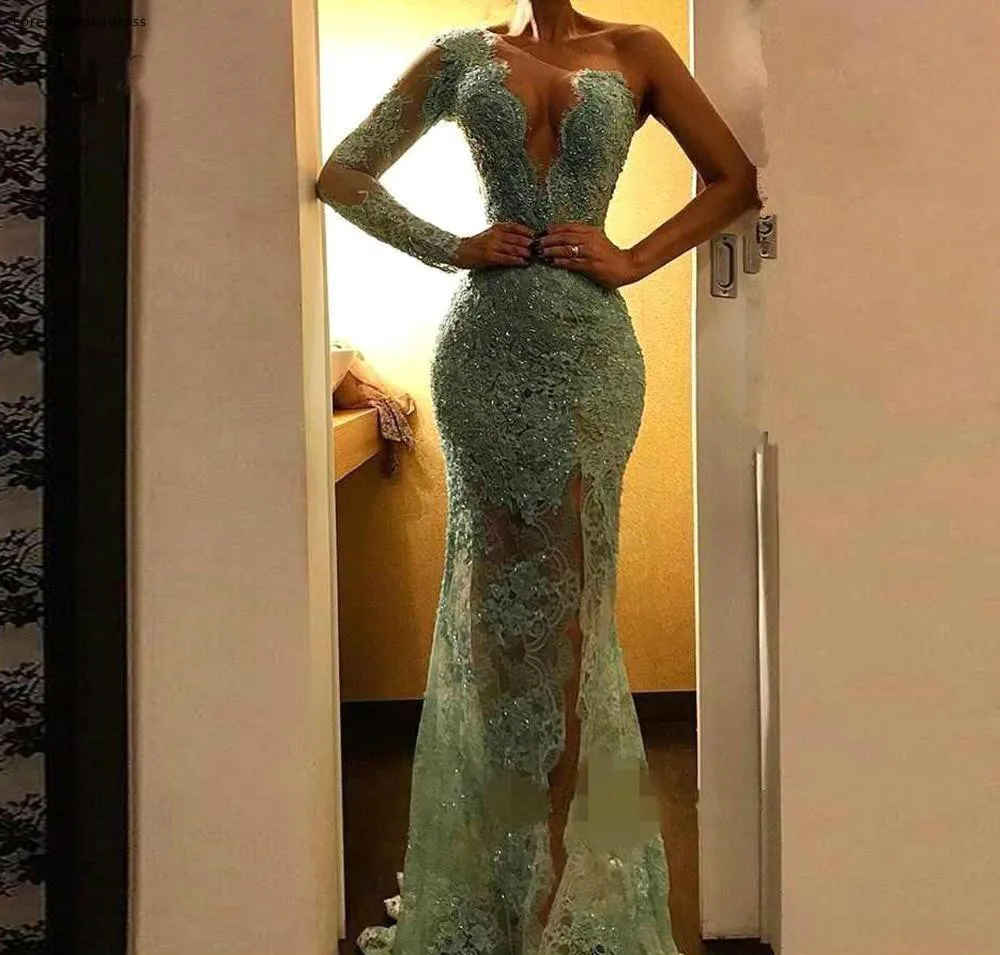 2019 Sexy Illusion Mint Lace Mermaid Evening Dresses Sparkle Sequined Beaded Long Prom Gowns High Side Split One Shoulder Party Dress BC1400  138
