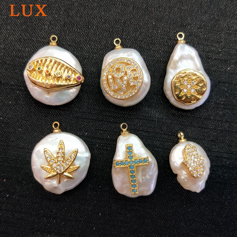

LUX Natural White Pearl Charm micro Pave CZ cross hamsa cowrie shell shape Pearls Pendant Gems stone Boho Jewelry DIY Making
