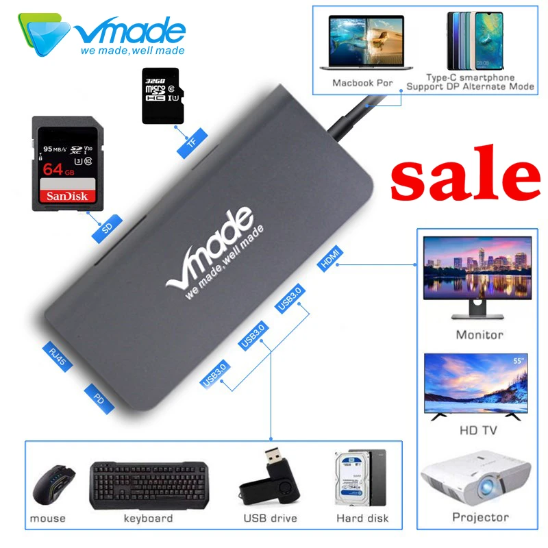 Vmade Hot-selling Type-c USB HUB 8 in 1 USB 3.0 multifunction docking station RJ45 1000M to connect U disk TF/SD card usb hub