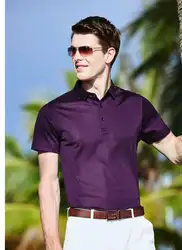 Весенняя и Летняя шелковая рубашка поло с коротким рукавом, мужская деловая шелковая рубашка поло с отложным воротником, свободная
