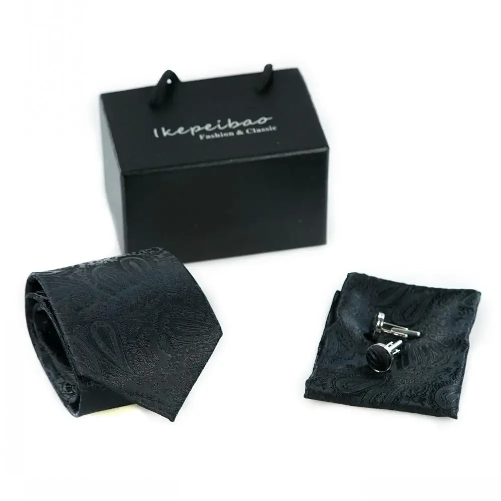  New Men Black Tie Set Paisley Tie and Handkerchief Polyester Necktie Corbatas Hombre Pocket Square 