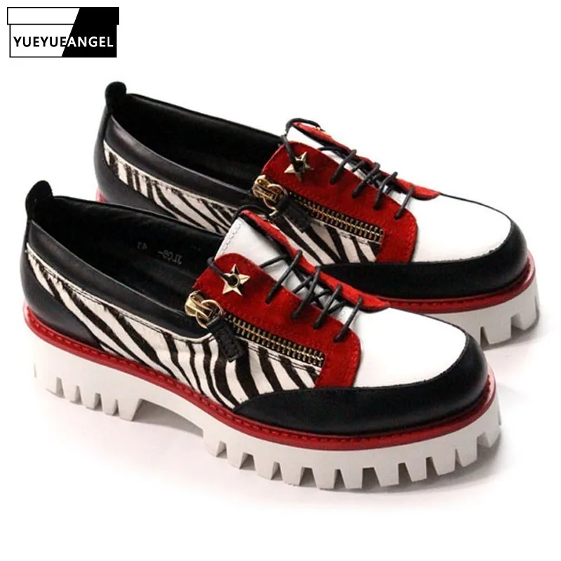 Panelled Real Leather Platform Shoes Men Designer Double Zipper