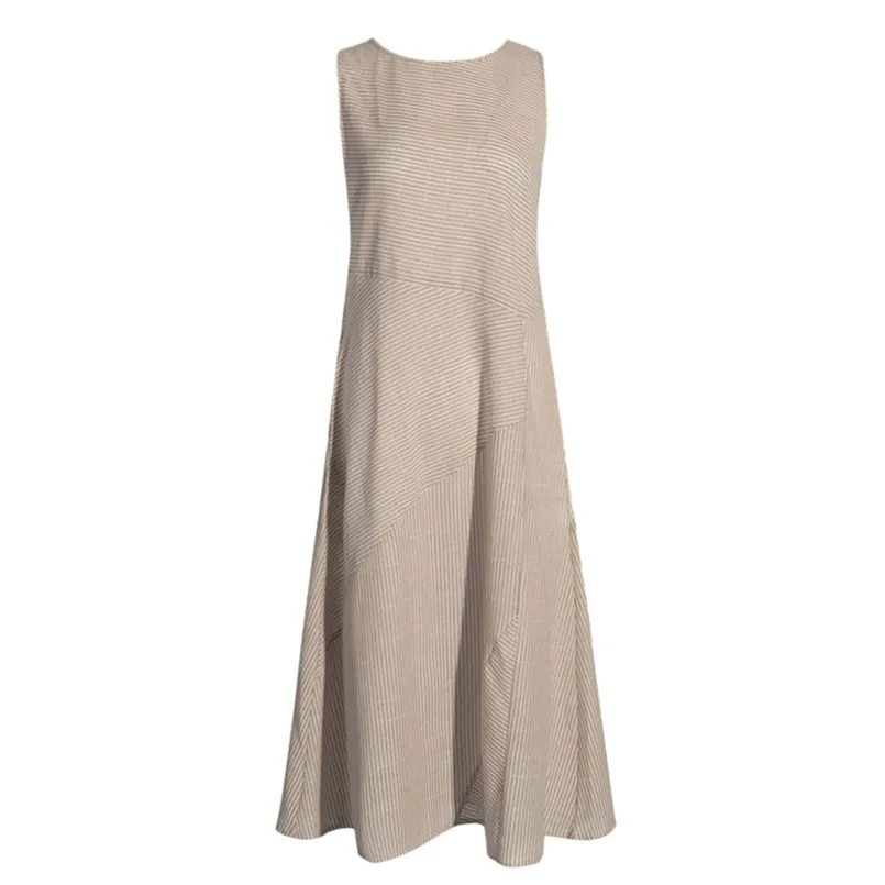  New Women Summer Fashion Casual Striped Print Sexy Sleeveless Dress Crew Neck Linen Long Elegant Lady Casual Daily dress #4R08 (9)