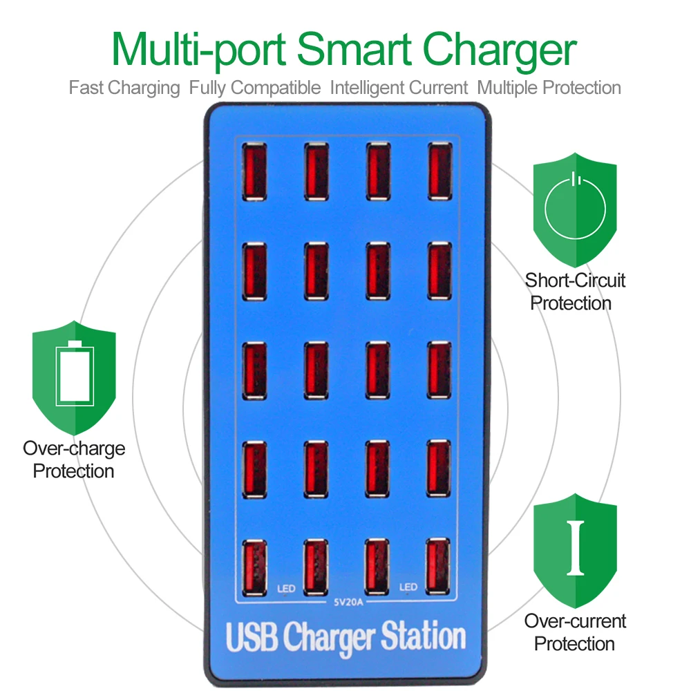 AIXXCO 20 портов 20A 100 Вт Мульти USB зарядное устройство концентратор док-станция для зарядки с USB универсальный мобильный телефон настольное зарядное устройство s для iphone