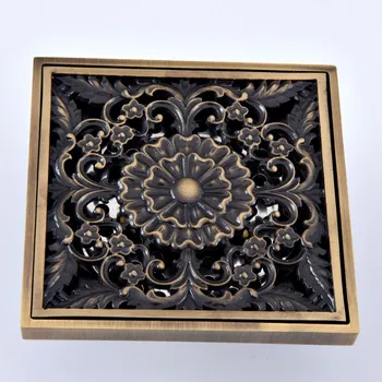 

Antique Brass Vintage Retro Carved Flower Pattern Bathroom Shower Drain 4" Square Floor Drain Waste Grates ahr074