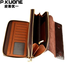 P. KUONE Marke Männer Handtasche Öl Wachs Rindsleder Handtasche Männer Brieftasche Langen Doppel-reißverschluss Geldbörse Aus Echtem Leder geldbörse Braun