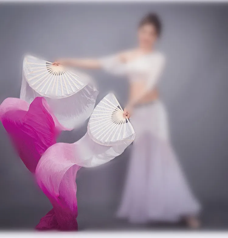 Белый розовый градиент женщин живота Dacing Имитация шелк веер вуаль 1 пара Бамбук длинный веер вуаль