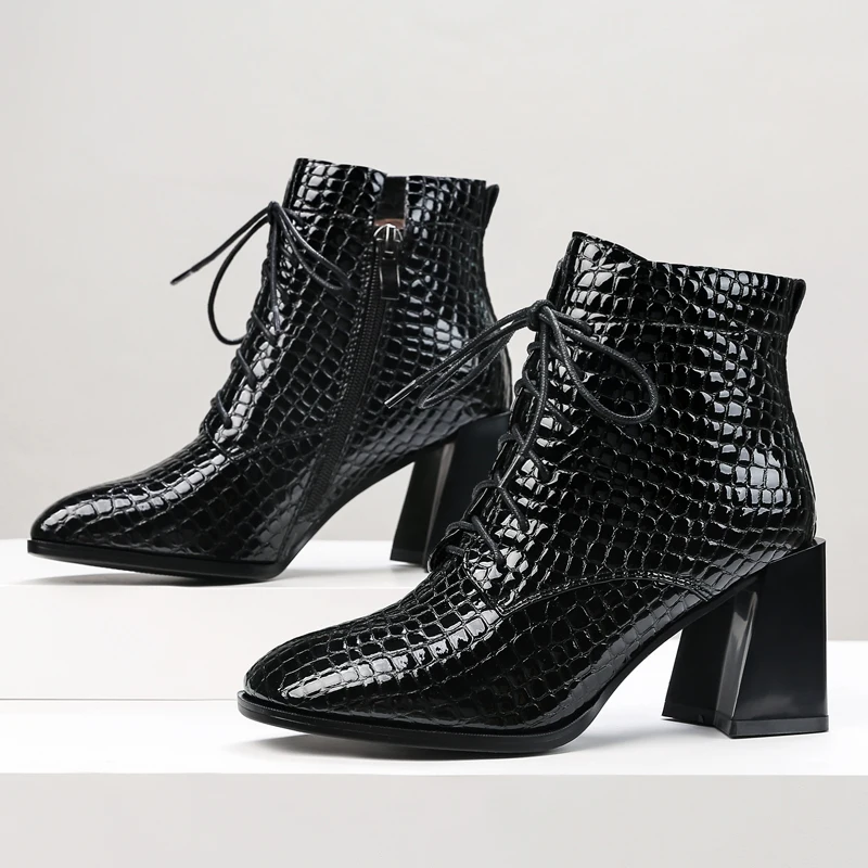 

NEMAONE Winter Autumn Women Boots lace up Square Heel Ankle Boots Cow Leather Motorcycle Lady Ladies Shoes size 41 42 43